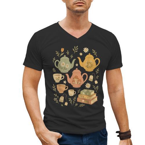 Cottagecore Whimsical Elements Teapots Books Men's V-Neck T-Shirt - Bookorys DE