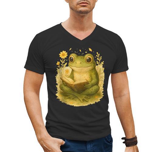 Cottagecore Whimsical Green Frog Peacefully Reading Book Men's V-Neck T-Shirt - Bookorys
