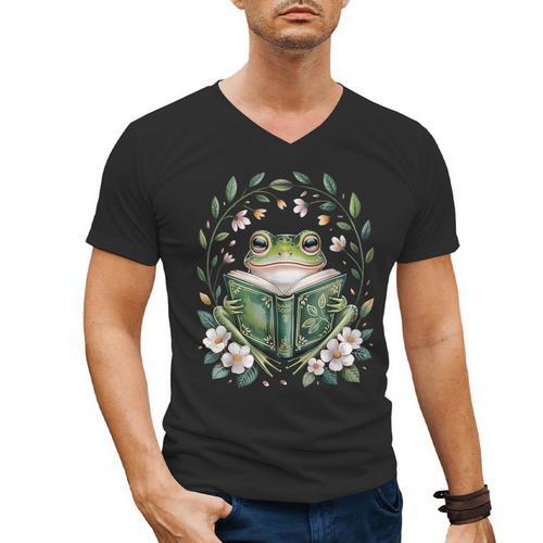 Cottagecore Whimsical Green Frog Read A Book Nature Flowers Men's V-Neck T-Shirt - Bookorys DE