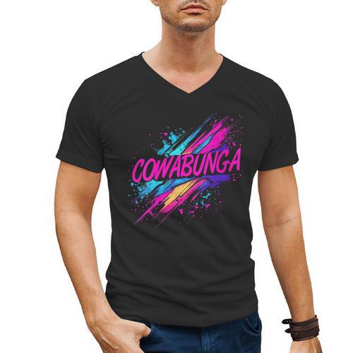 Cowabunga Retro 80s 90s Nostalgia Slang Neon Grunge Art Men's V-Neck T-Shirt - Figerry