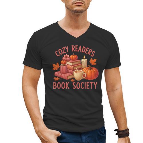 Cozy Readers Book Society Teacher Reading Floral Pumpkin Tee Men's V-Neck T-Shirt - Bookorys