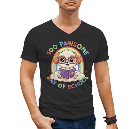 Cute 100th Day Of School 100 Days Dog Reading Book Rainbow Men's V-Neck T-Shirt - Bookorys