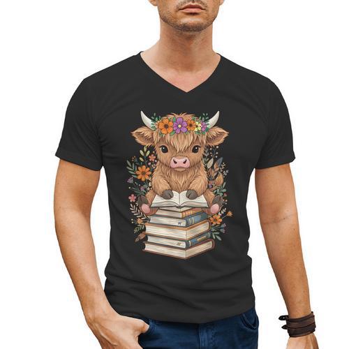Cute Baby Highland Cow Reading Book Librarian Bookworm Men's V-Neck T-Shirt - Bookorys