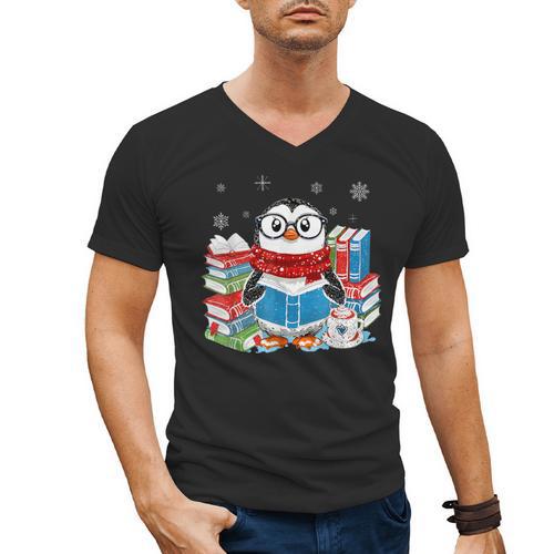 Cute Christmas A Penguin Reading Book Snowflake Hot Teacher Men's V-Neck T-Shirt - Bookorys DE