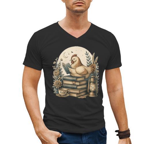 Cute Cottagecore Aesthetic Chicken Reading Book Nerd Men's V-Neck T-Shirt - Bookorys CA