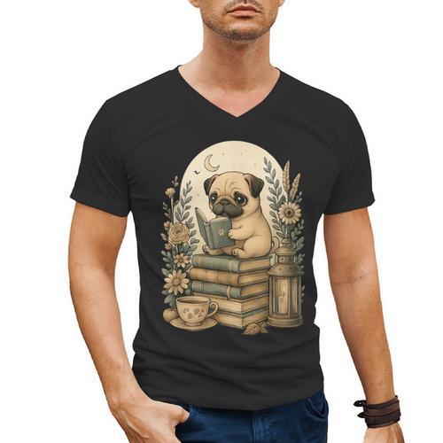 Cute Cottagecore Aesthetic Dog Pug Reading Book Nerd Men's V-Neck T-Shirt - Bookorys CA