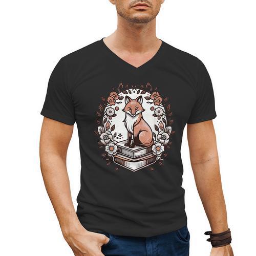 Cute Cottagecore Aesthetic Fox Flowers Book Men's V-Neck T-Shirt - Bookorys CA