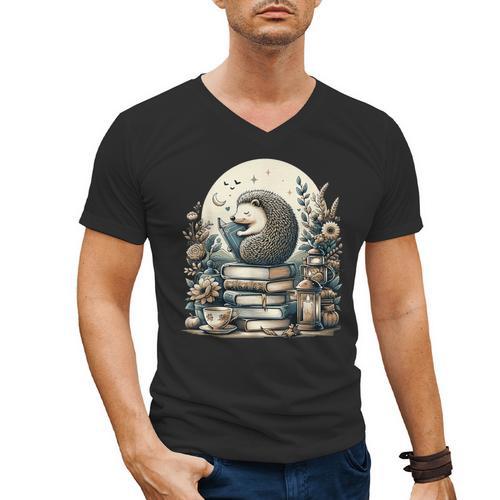 Cute Cottagecore Aesthetic Hedgehog Reading Book Nerd Men's V-Neck T-Shirt - Bookorys