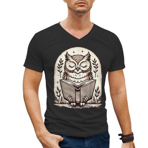Cute Cottagecore Aesthetic Owl Reading Book Men's V-Neck T-Shirt - Bookorys UK