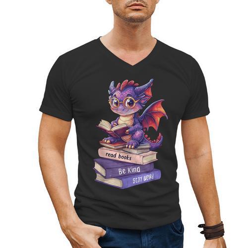 Cute Dragon Read Books Be Kind Stay Weird Book Lover Men's V-Neck T-Shirt - Bookorys