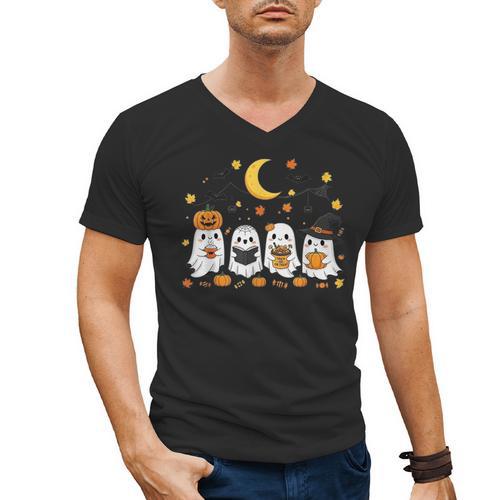 Cute Ghost Drinking Coffee Halloween Fall Ghost Book Reading Men's V-Neck T-Shirt - Bookorys