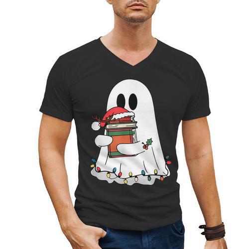 Cute Ghost Holding Books Bookish Christmas Men's V-Neck T-Shirt - Bookorys DE