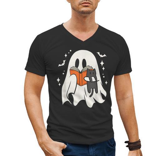 Cute Ghost Reading Book Spooky Season Halloween Costume Kids Men's V-Neck T-Shirt - Bookorys