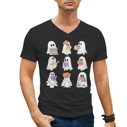 Cute Ghost Reading Books Teacher Halloween Reading Men Women Kids Men's V-Neck T-Shirt - Bookorys DE