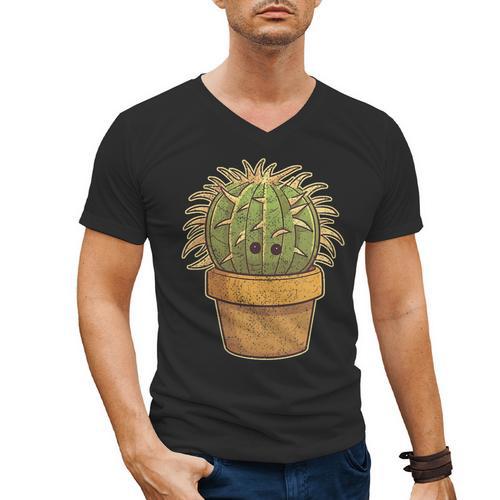 Cute Golden Barrel Cactus Introvert Distressed Men's V-Neck T-Shirt - Raresse