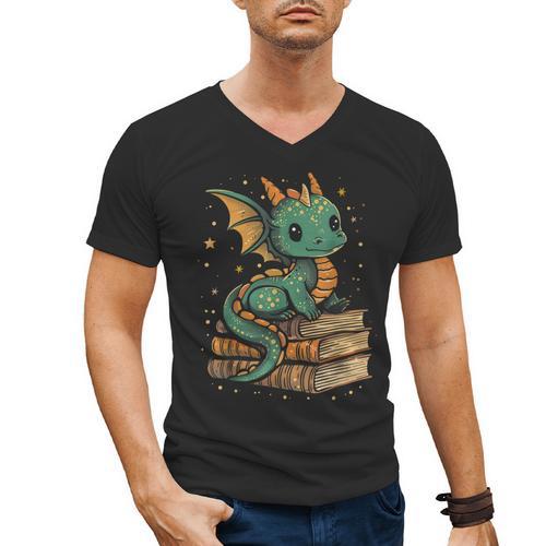 Cute Kawaii Dragon Fantasy Book Lover Book Nerd Men's V-Neck T-Shirt - Bookorys CA