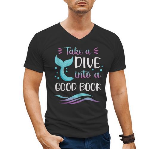 Cute Mermaid Librarian Teacher Dive Into A Good Book Reading Men's V-Neck T-Shirt - Bookorys