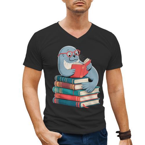 Cute Reading Seal On Books Book Lover Men's V-Neck T-Shirt - Bookorys