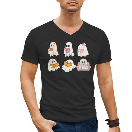 Cute Spooky Reading Book Halloween Fall Ghost Autumn Men's V-Neck T-Shirt - Bookorys