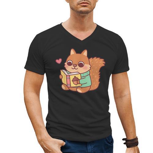 Cute Squirrel Reading A Book Lovers Anime Kawaii Women Kids Men's V-Neck T-Shirt - Bookorys DE