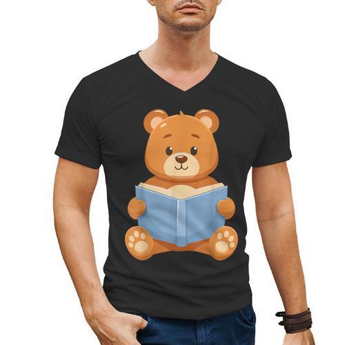 Cute Teddy Bear Reading Book Adorable For Readers Men's V-Neck T-Shirt - Bookorys CA