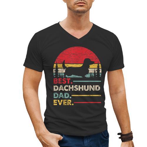 Dachshund Long Haired Best Dad Ever Dog Vintage Retro Men's V-Neck T-Shirt - Father's Day Fun