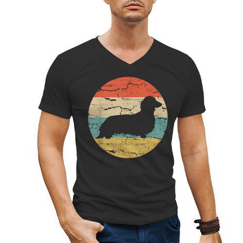 Dachshund Long Haired Dog Vintage Mom Dad Retro Men's V-Neck T-Shirt - Father's Day Fun