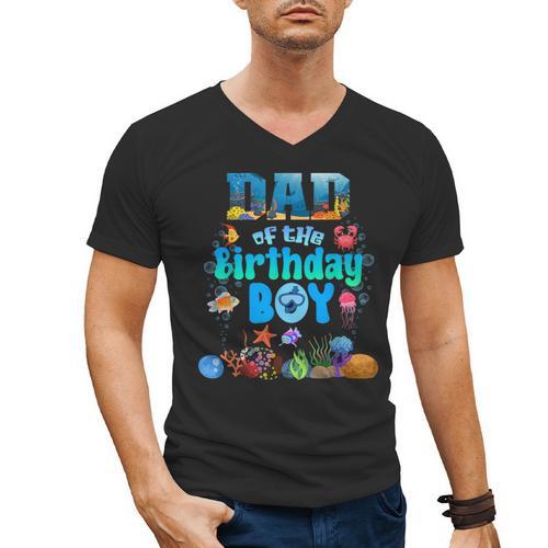 Dad Of The Birthday Boy Aquarium Sea Animals Matching Men's V-Neck T-Shirt - Father's Day Fun