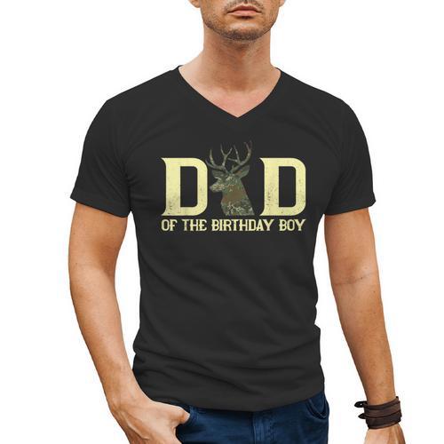 Dad Of The Birthday Boy Deer Hunter Camouflage Flag Men's V-Neck T-Shirt - Father's Day Fun