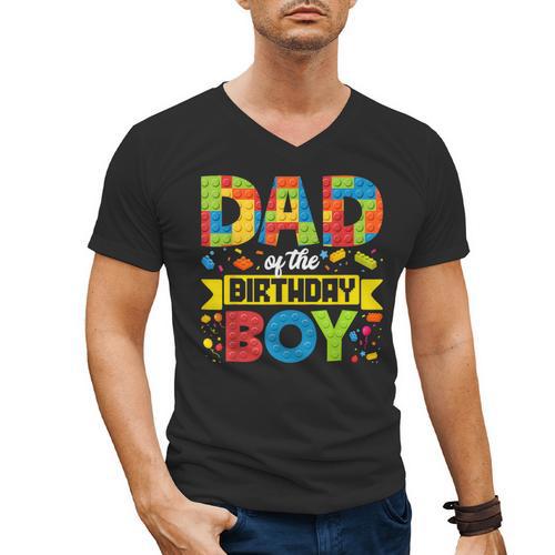 Dad Of The Birthday Boy Master Builder Kids Building Blocks Men's V-Neck T-Shirt - Father's Day Fun