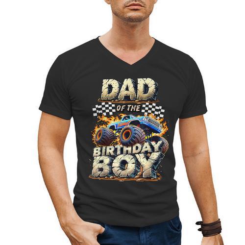 Dad Of The Birthday Boy Monster Truck Family Matching Party Men's V-Neck T-Shirt - Father's Day Fun