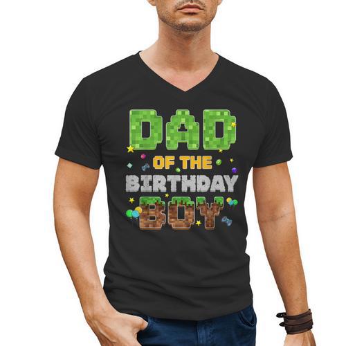 Dad Of The Birthday Boy Pixel Gamer Party Matching Family Men's V-Neck T-Shirt - Father's Day Fun