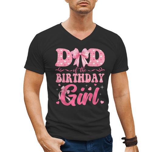 Dad Of The Birthday Girl Family Pink Coquette Bow Men's V-Neck T-Shirt - Father's Day Fun