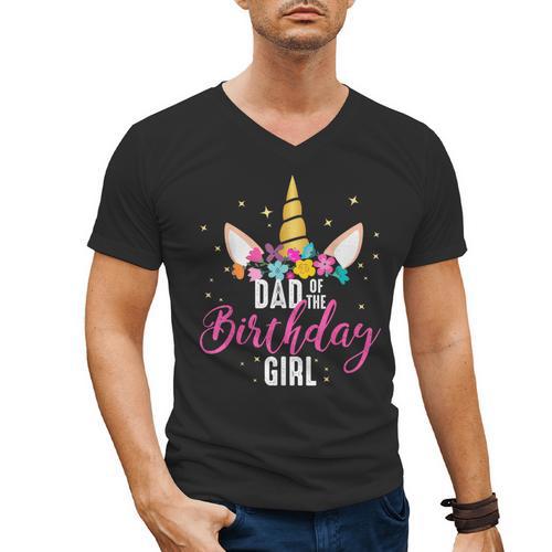 Dad Of The Birthday Girl Father Unicorn Birthday Small Men's V-Neck T-Shirt - Father's Day Fun