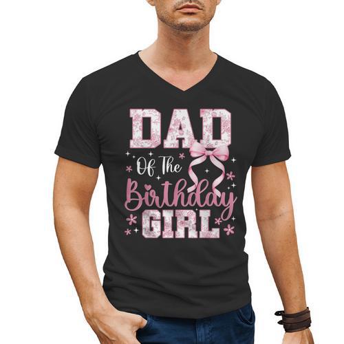 Dad Of The Birthday Girl Pink Bow Flower Birthday Girl Men's V-Neck T-Shirt - Father's Day Fun