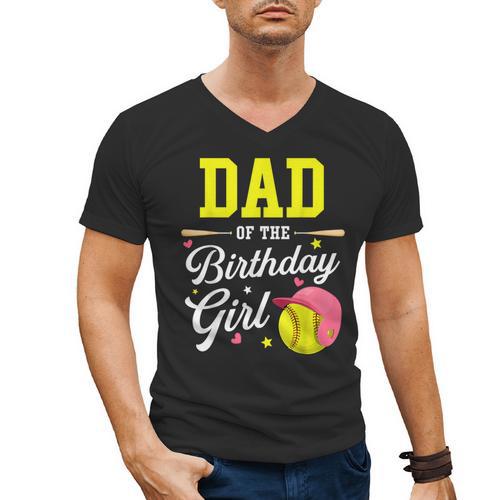 Dad Of The Birthday Girl Softball Player Theme B-Day Daddy Men's V-Neck T-Shirt - Father's Day Fun