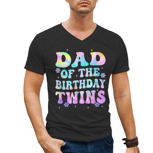 Dad Of The Birthday Twins Girls Kids Party Retro Bday Men's V-Neck T-Shirt - Father's Day Fun