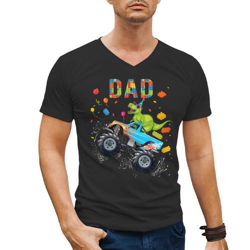 Dad Building Blocks Monster Truck Dinosaur Birthday Men's V-Neck T-Shirt - Father's Day Fun