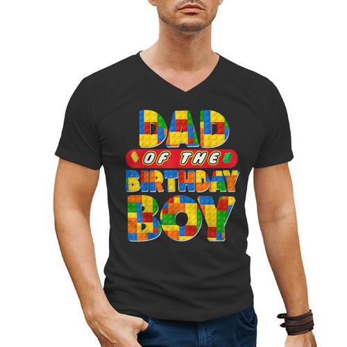 Dad And Mom Birthday Boy Building Bricks Family Party Decor Men's V-Neck T-Shirt - Father's Day Fun