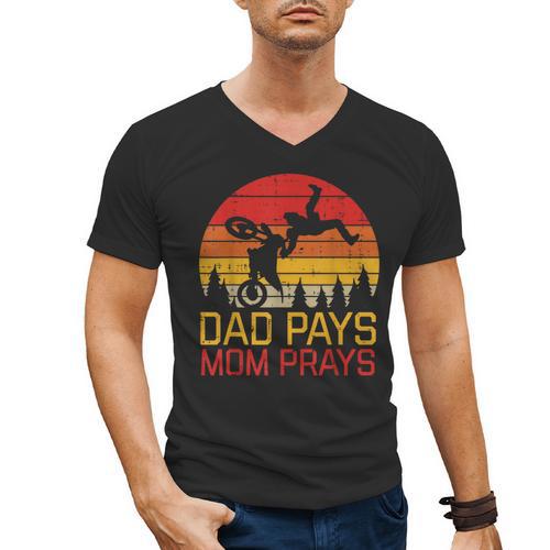 Dad Pays Mom Prays Dirt Bike Retro Motocross Boys Kids Men's V-Neck T-Shirt - Father's Day Fun