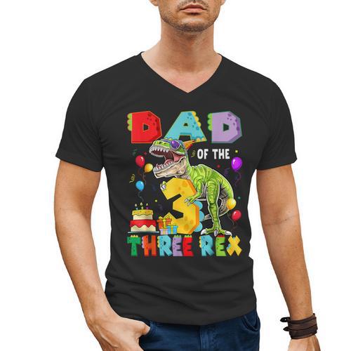Dad Of The Three Rex 3Rd Birthday Boy Dinosaur T-Rex Men's V-Neck T-Shirt - Father's Day Fun