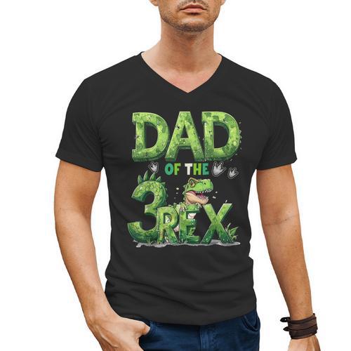 Dad Of The Three Rex Birthday Boy Dinosaur Family Matching Men's V-Neck T-Shirt - Father's Day Fun