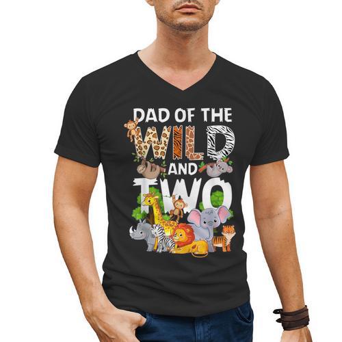 Dad Of The Wild Two Zoo 2nd Birthday Safari Jungle Animal Men's V-Neck T-Shirt - Father's Day Fun