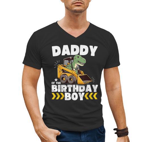 Daddy Of The Birthday Boy Dinosaur Construction Worker Truck Men's V-Neck T-Shirt - Father's Day Fun