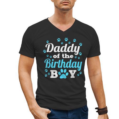 Daddy Of The Birthday Boy Dog Paw Bday Party Celebration Small Men's V-Neck T-Shirt - Father's Day Fun