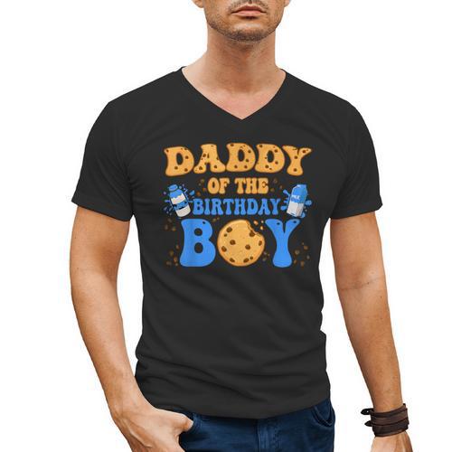 Daddy Of The Birthday Boy Milk And Cookies Lover Men's V-Neck T-Shirt - Father's Day Fun