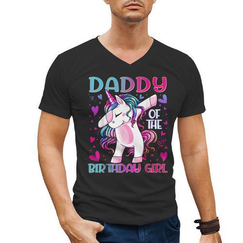 Daddy Of The Birthday Girl Dabbing Unicorn Dad Daddy Small Men's V-Neck T-Shirt - Father's Day Fun