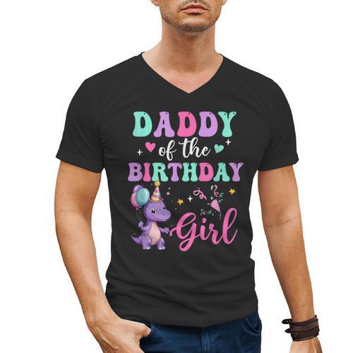 Daddy Of The Birthday For Girl Dinosaur T-Rex Party Family Men's V-Neck T-Shirt - Father's Day Fun