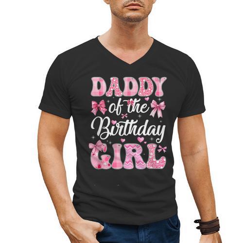Daddy Of The Birthday Girl Family Pink Coquette Bow Men's V-Neck T-Shirt - Father's Day Fun