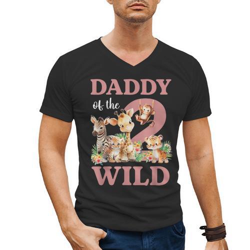 Daddy Of The Two Wild Zoo 2nd Birthday Safari Jungle Animal Men's V-Neck T-Shirt - Father's Day Fun